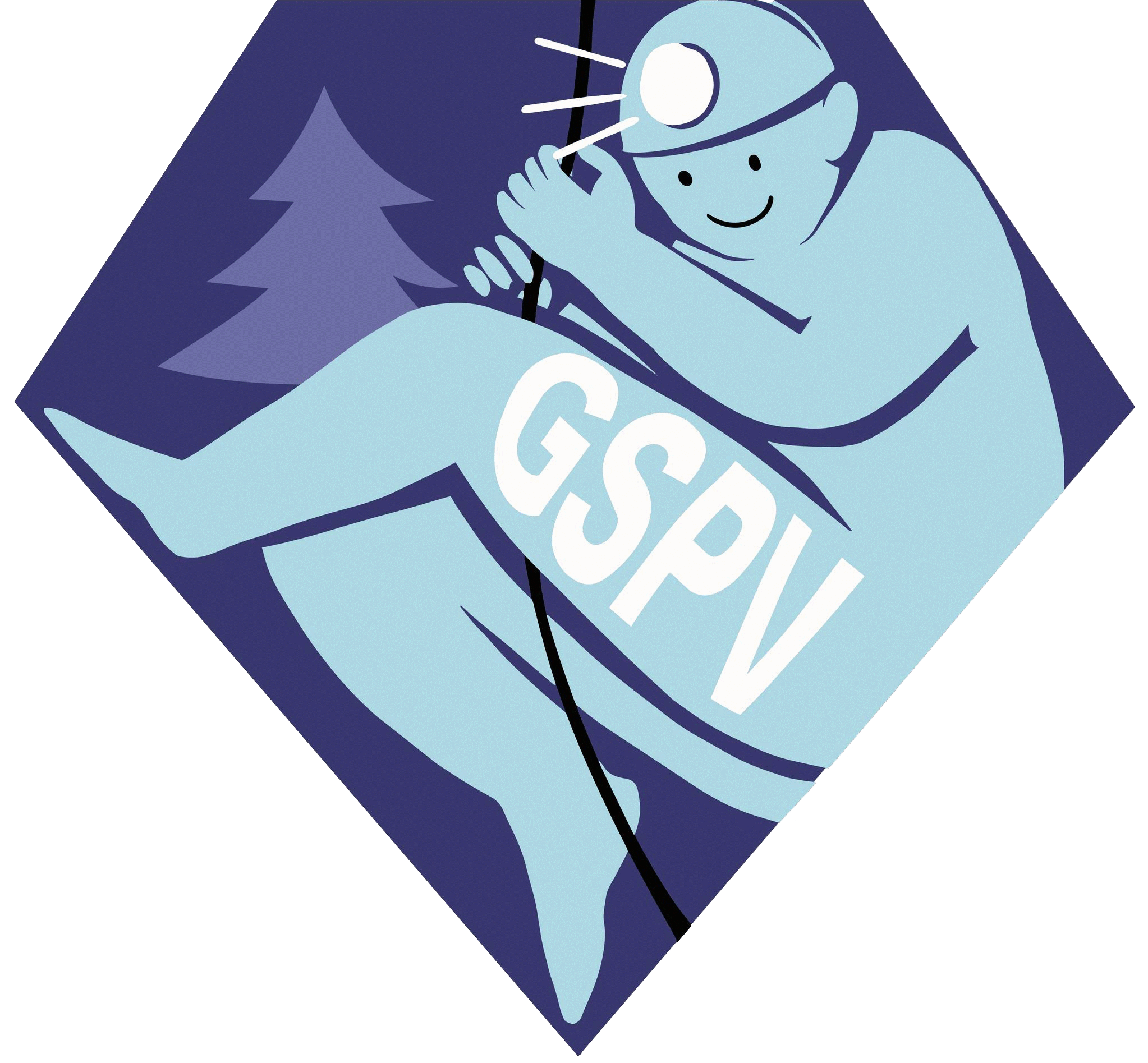 logo d'un spéléologue accroché à une corde avec un sapin derrière